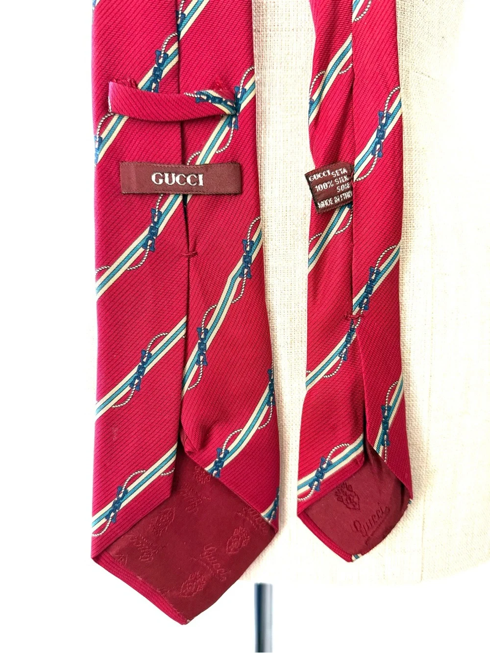 GUCCI Vintage Silk Tie Red Diagonal Stripe Nautical Rope Interlocking GG 80s
